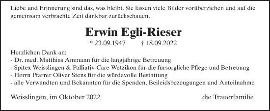 Traueranzeige von Erwin Egli-Rieser von AvU