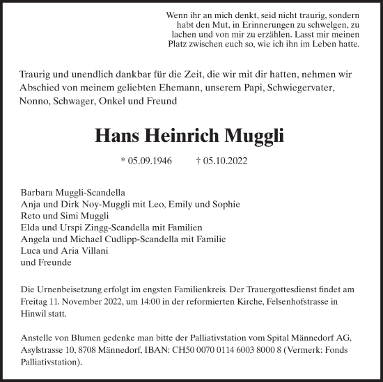 Traueranzeige von Hans Heinrich Muggli von AvU