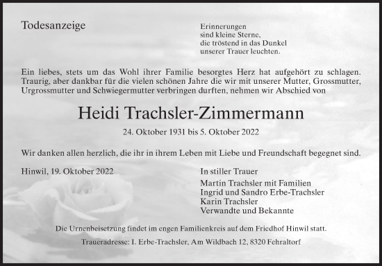 Traueranzeige von Heidi Trachsler-Zimmermann von AvU