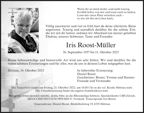 Traueranzeige von Iris Roost-Müller von AvU