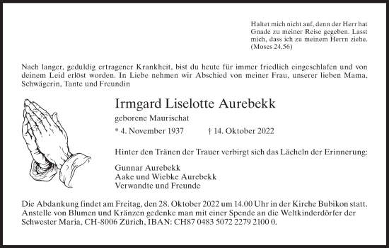 Traueranzeige von Irmgard Liselotte Aurebekk von AvU