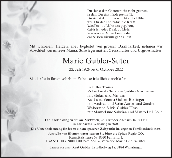 Traueranzeige von Marie Gubler-Suter von AvU