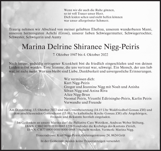 Traueranzeige von Marina Delrine Shiranee Nigg-Peiris von AvU