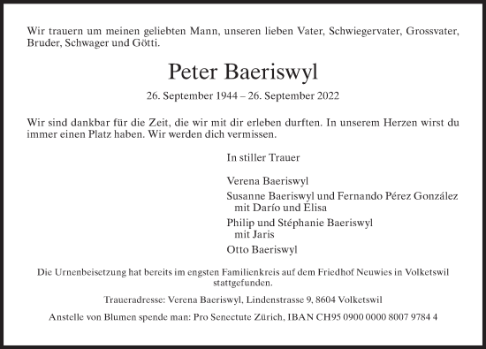 Traueranzeige von Peter Baeriswyl von VO solo