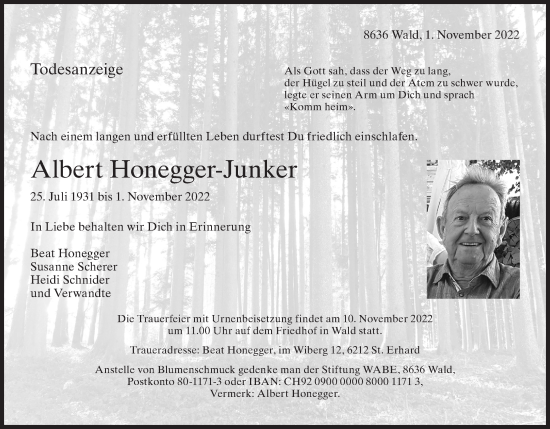 Traueranzeige von Albert Honegger-Junker von AvU