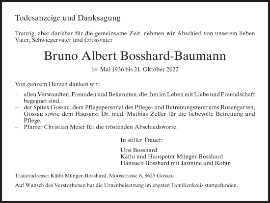 Traueranzeige von Bruno Albert Bosshard-Baumann von AvU