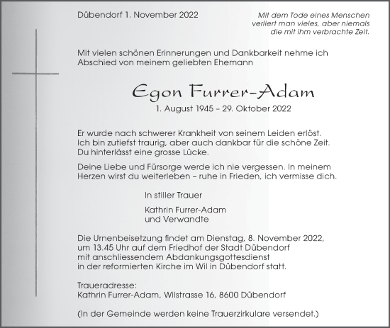 Traueranzeige von Egon Furrer-Adam von AvU