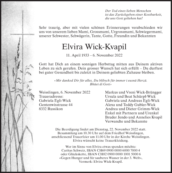 Traueranzeige von Elvira Wick-Kvapil von ZO solo