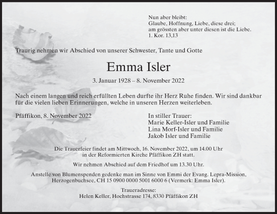 Traueranzeige von Emma Isler von AvU