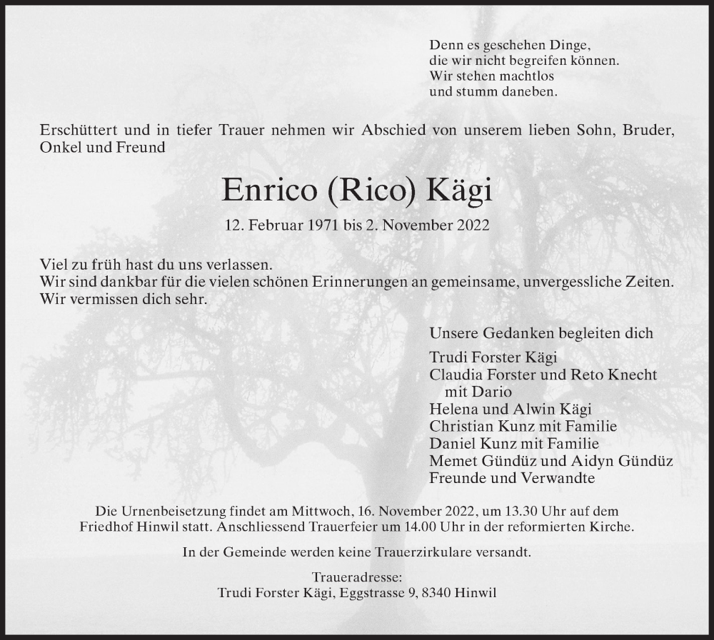  Traueranzeige für Enrico  Kägi vom 09.11.2022 aus AvU