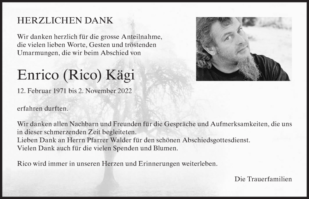  Traueranzeige für Enrico  Kägi vom 30.11.2022 aus AvU