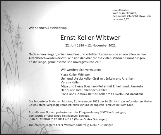 Traueranzeige von Ernst Keller-Wittwer von AvU