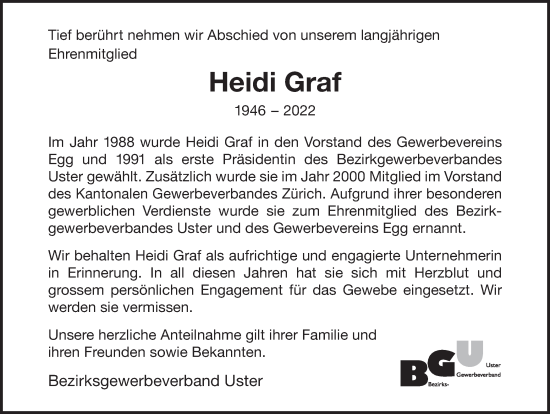 Traueranzeige von Heidi Graf von AvU