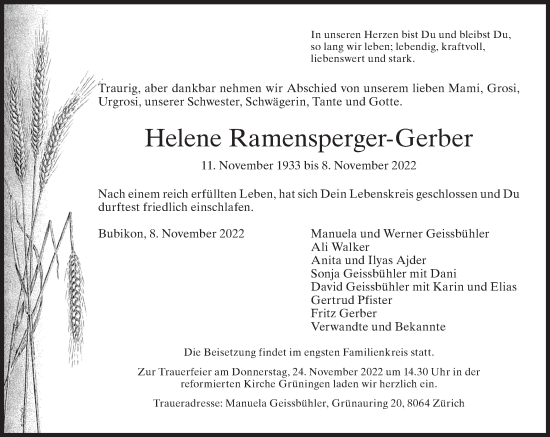 Traueranzeige von Helene Ramensperger-Gerber von AvU