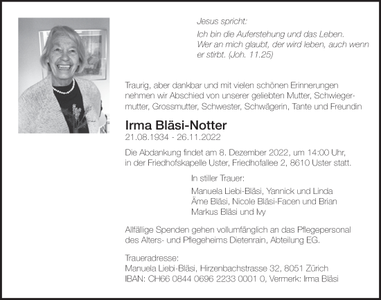 Traueranzeige von Irma Bläsi-Notter von ZO solo