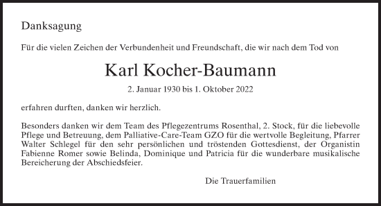 Traueranzeige von Karl Kocher-Baumann von AvU