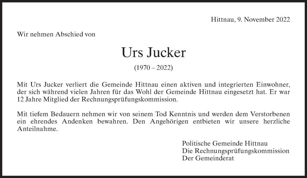  Traueranzeige für Urs Jucker vom 09.11.2022 aus AvU