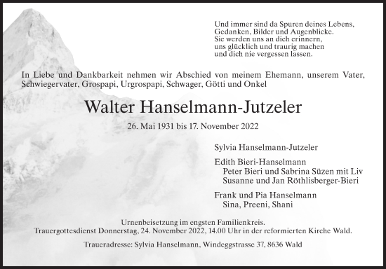 Traueranzeige von Walter Hanselmann-Jutzeler von AvU