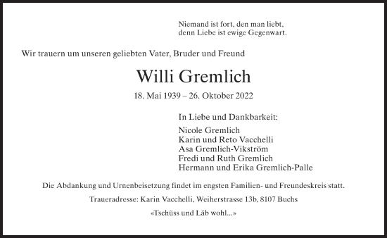 Traueranzeige von Willi Gremlich von VO solo