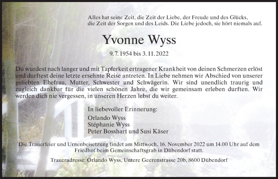 Traueranzeige von Yvonne Wyss von VO solo