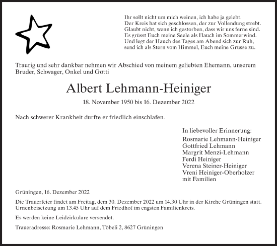 Traueranzeige von Albert Lehmann-Heiniger von AvU