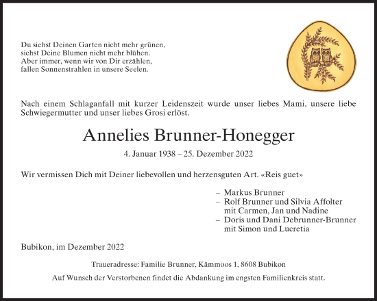 Traueranzeige von Annelies Brunner-Honegger von AvU