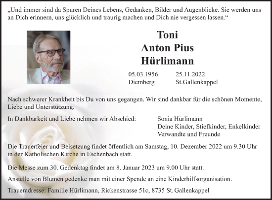 Traueranzeige von Anton Hürlimann von AvU