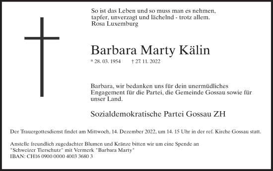 Traueranzeige von Barbara Marty Kälin von AvU