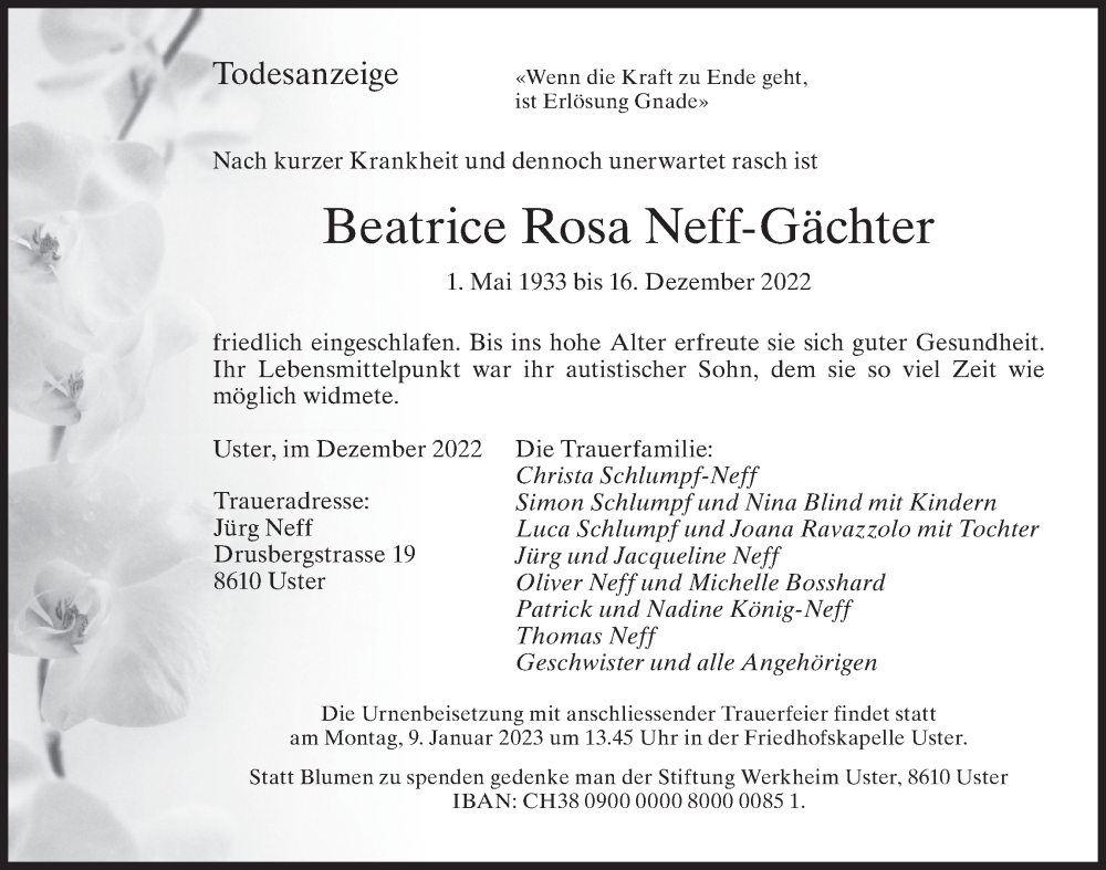 Traueranzeigen von Beatrice Rosa Neff G chter zo trauer.ch