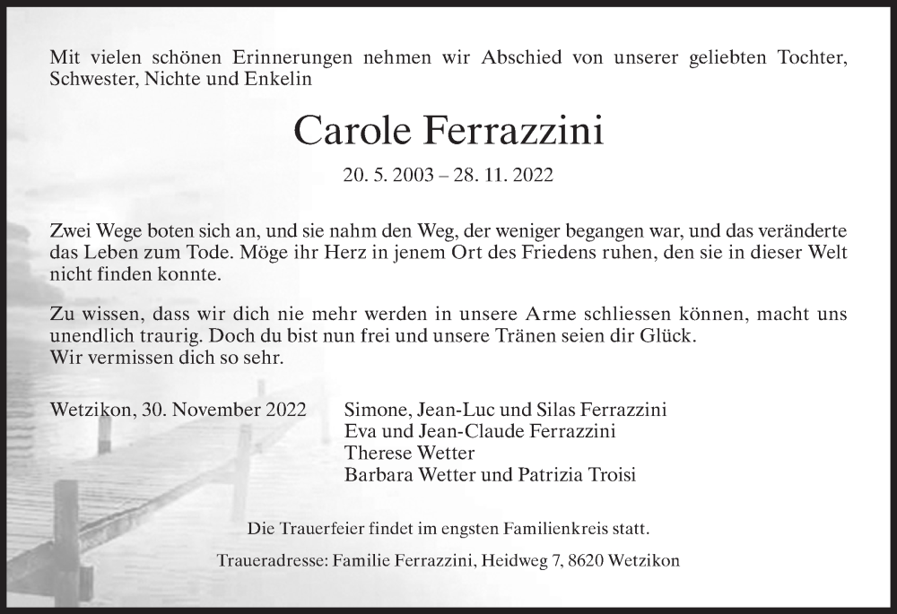  Traueranzeige für Carole Ferrazzini vom 02.12.2022 aus AvU