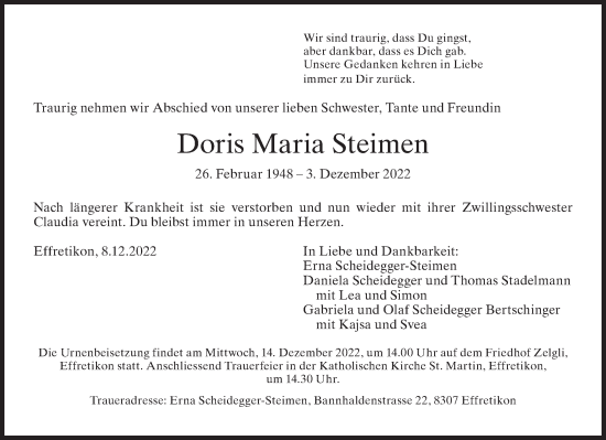 Traueranzeige von Doris Maria Steimen von reg_5