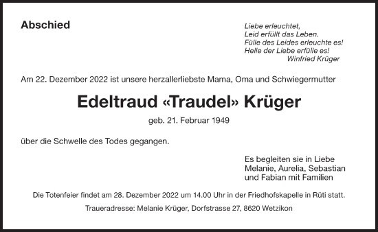 Traueranzeige von Edeltraud Krüger von AvU