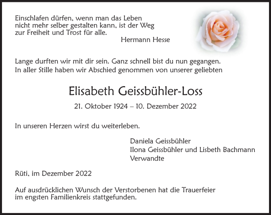 Traueranzeige von Elisabeth Geissbühler-Loss von AvU