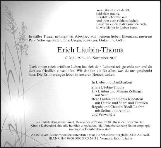 Traueranzeige von Erich Läubin-Thoma von VO solo