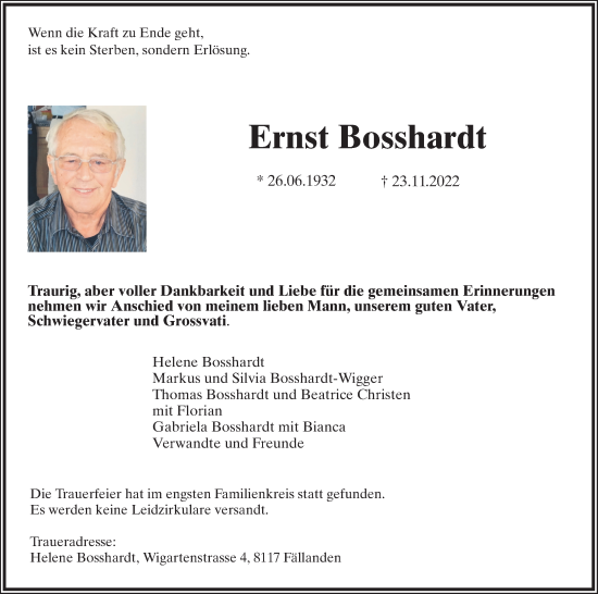 Traueranzeige von Ernst Bosshardt von AvU