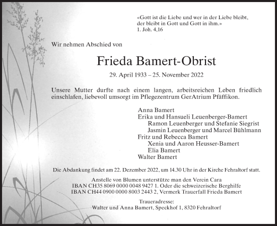 Traueranzeige von Frieda Bamert-Obrist von AvU