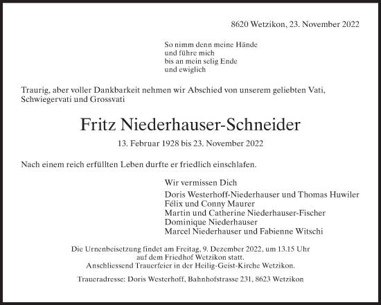 Traueranzeige von Fritz Niederhauser-Schneider von AvU