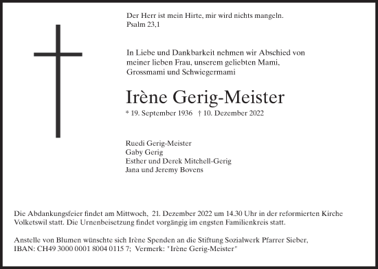 Traueranzeige von Irene Gerig-Meister von VO solo