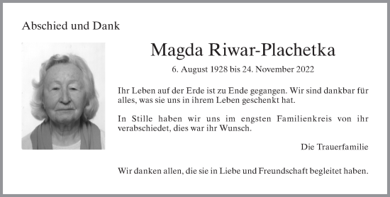 Traueranzeige von Magda Riwar-Plachetka von AvU