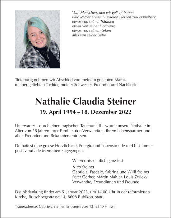 Traueranzeige von Nathalie Claudia Steiner von AvU