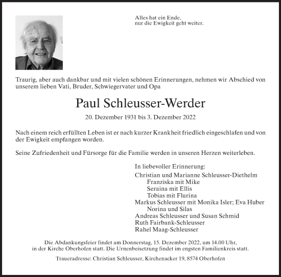 Traueranzeige von Paul Schleusser-Werder von AvU