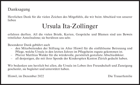 Traueranzeige von Ursula Ita-Zollinger von AvU