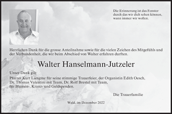 Traueranzeige von Walter Hanselmann-Jutzeler von AvU