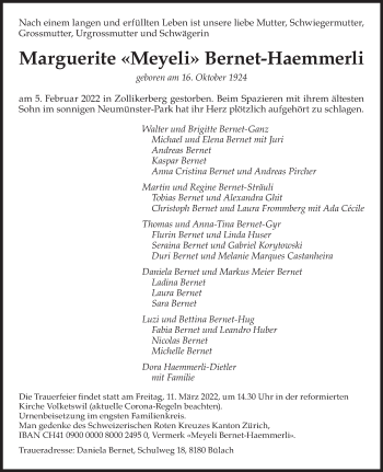 Traueranzeige von Marguerite Bernet-Haemmerli von AvU