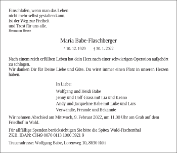 Traueranzeige von Maria Babe-Flaschberger von AvU