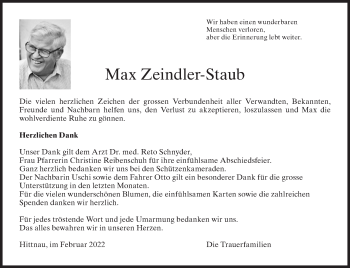 Traueranzeige von Max Zeindler-Staub von AvU