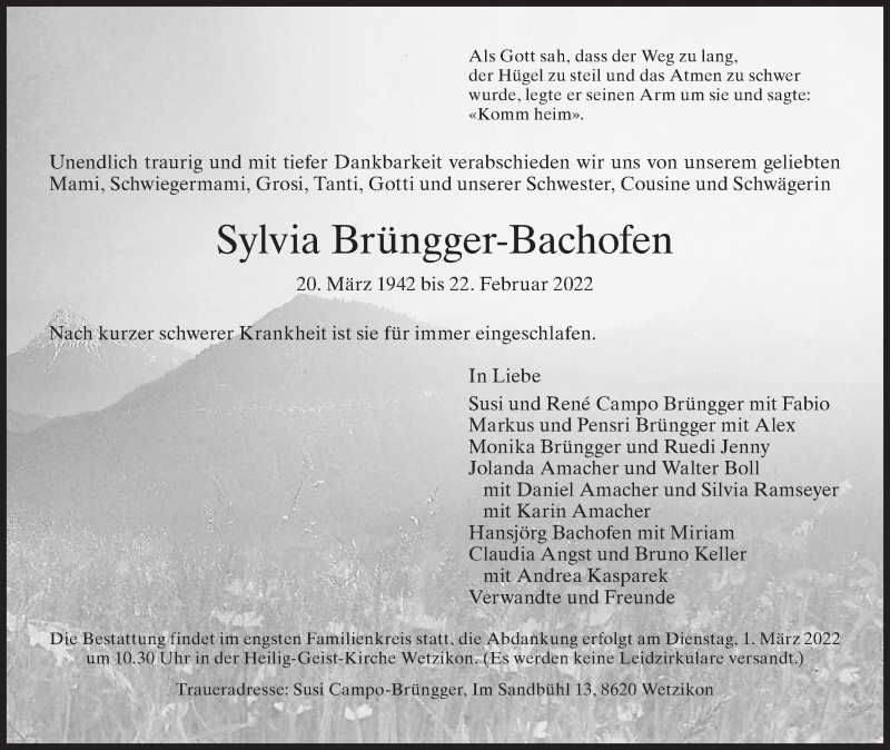  Traueranzeige für Sylvia Brüngger-Bachofen vom 26.02.2022 aus AvU