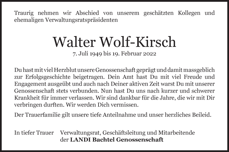  Traueranzeige für Walter Wolf-Kirsch vom 25.02.2022 aus AvU