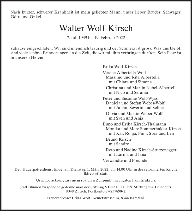  Traueranzeige für Walter Wolf-Kirsch vom 23.02.2022 aus AvU