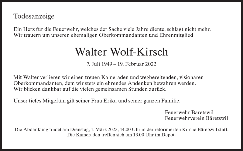  Traueranzeige für Walter Wolf-Kirsch vom 25.02.2022 aus AvU